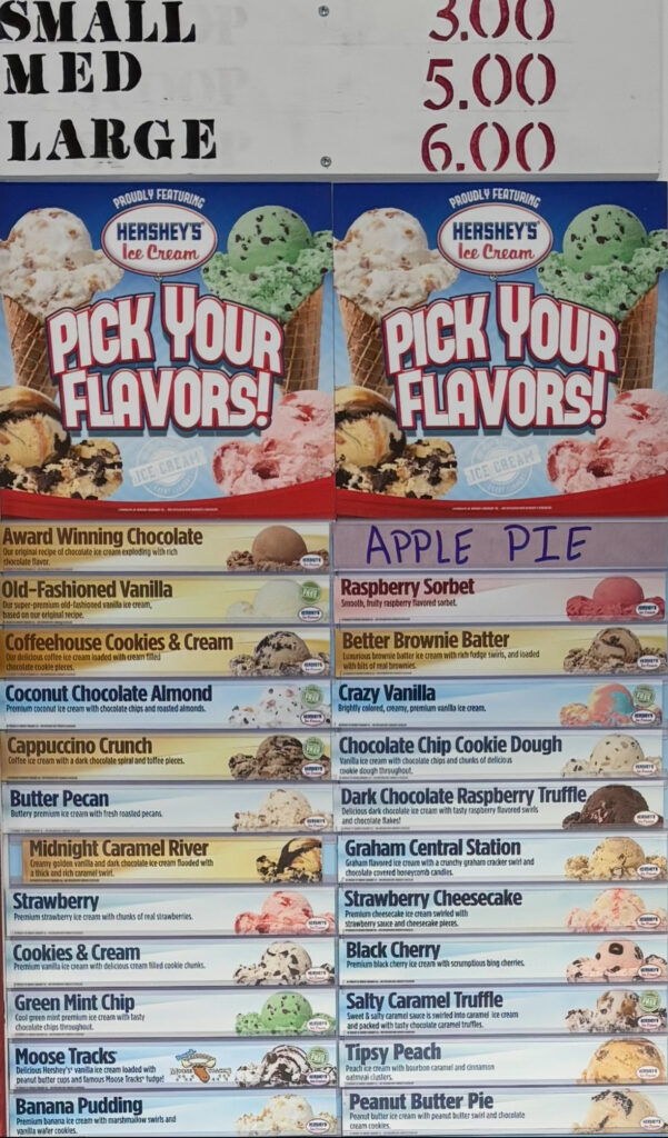 Current Dell's Dairy Bar Menu